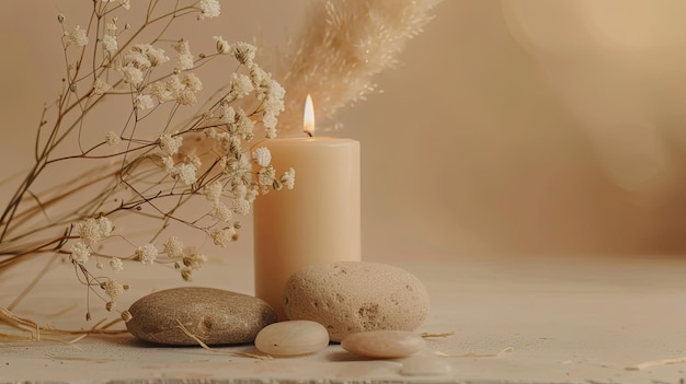 La natura morta della candela tranquilla con fiori secchi