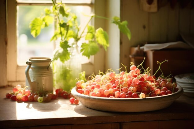 La natura morta illuminata dal sole con vivaci ribes rossi su un tavolo rustico fogliame verde sullo sfondo e un