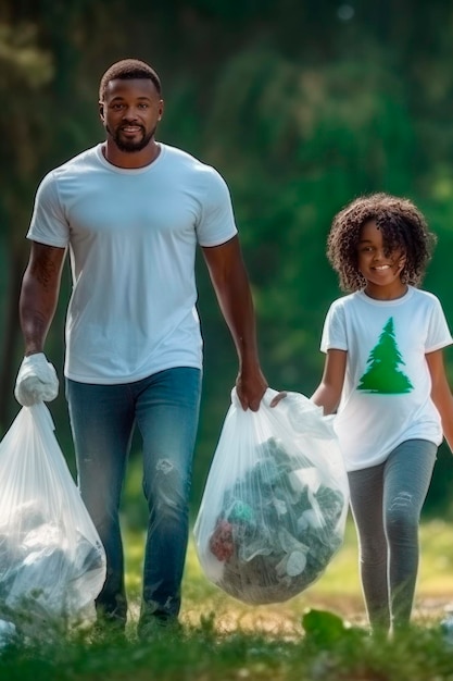 La natura pulisce una famiglia nera un padre con un bambino e una ragazza con sacchetti della spazzatura sfocati