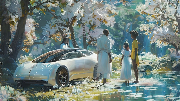 La natura serena incontra la mobilità futuristica Famiglia che esamina l'auto elettrica in un parco in fiore che evoca sostenibilità e innovazione AI