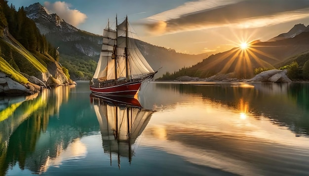 La nave a vela scivola su acque tranquille la bellezza della natura nel crepuscolo generata