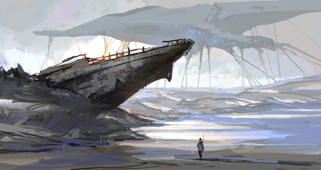 La nave che è stata arenata dal mare secco, la scena della terra dopo l'invasione degli alieni, illustrazione digitale.