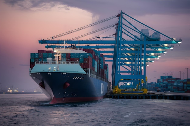 La nave da carico scarica i container in un porto vitale per il commercio mondiale