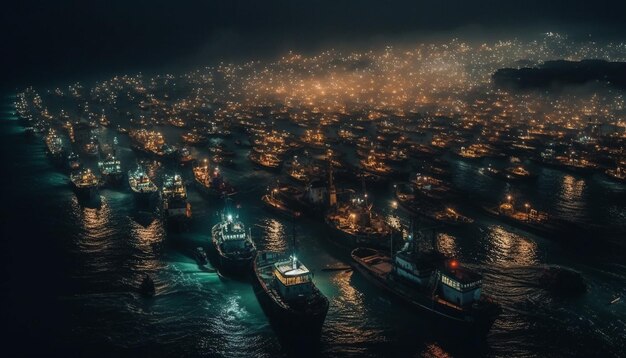 La nave nautica illuminata naviga attraverso lo skyline della città generato dall'intelligenza artificiale