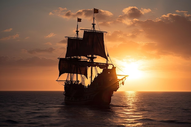 La nave pirata nera naviga verso l'alba con il sole che fa capolino all'orizzonte