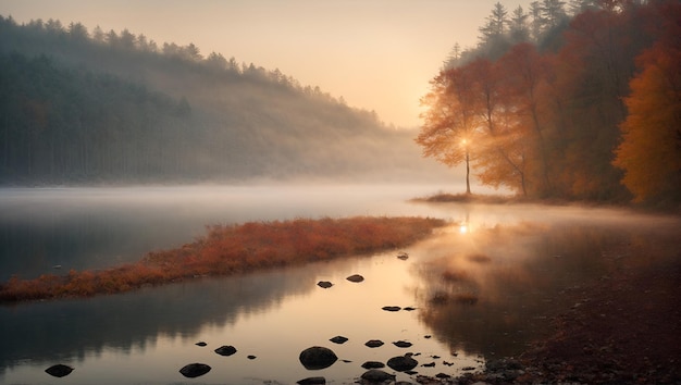 La nebbia autunnale copre il paesaggio sereno che riflette gli alberi nel tranquillo lago Tranquillo e bello