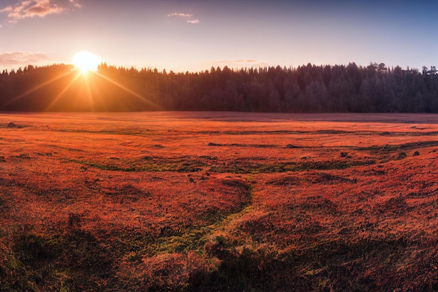 La nebbia della foresta mattutina si dissolve sul prato e sugli alberi creati con l'IA generativa