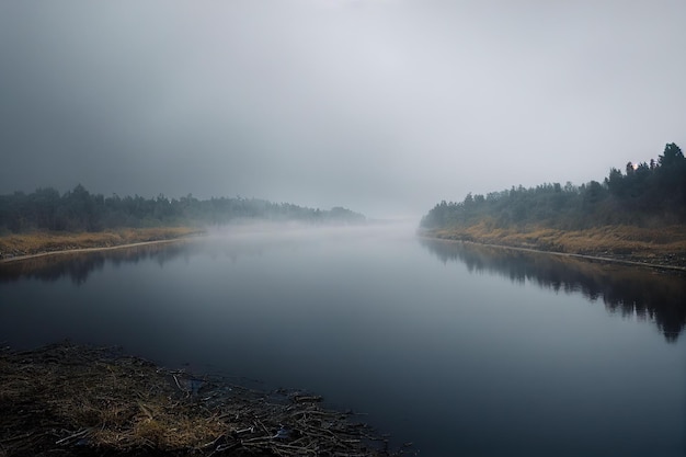 La nebbia mattutina della foresta si diffonde sul fiume creato con l'IA generativa