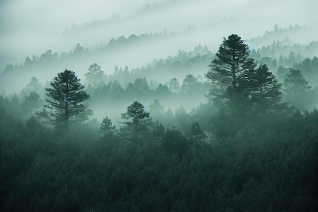 La nebbia mattutina della foresta si dissolve sopra le cime dei pini creati con l'IA generativa