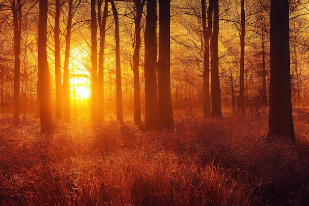 La nebbia mattutina della foresta tra i tronchi degli alberi è illuminata dal sole creato con l'IA generativa