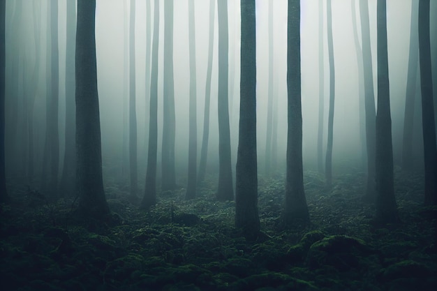 La nebbia mattutina si dissolve nel fitto della foresta creata con l'IA generativa