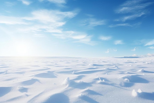 La neve copre il terreno e il sole splende all'orizzonte.