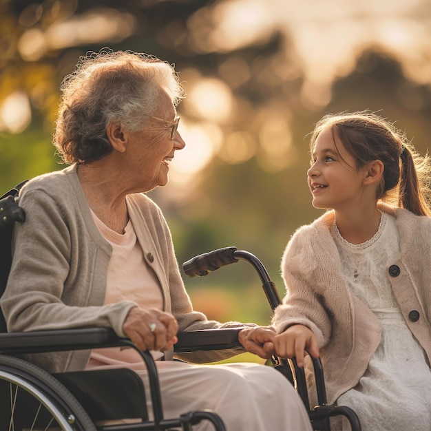 La nipote parla con la nonna seduta nel parco.