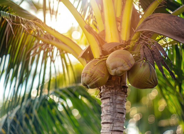 La noce di cocco cresce su un albero nel giardino del raccolto durante l'esplosione del sole.