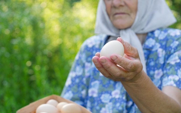 La nonna carina tiene un vassoio con le uova