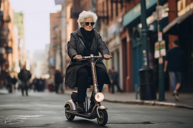 la nonna cavalca seduta su uno scooter elettrico