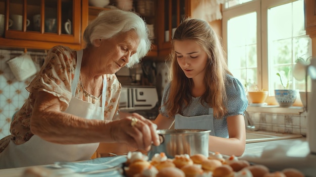 La nonna e la giovane donna stanno cucinando muffin in una cucina vintage luminosa e soleggiata.