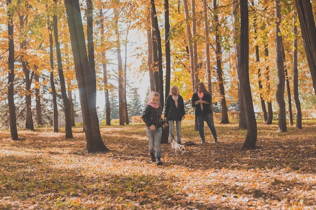 La nonna e la madre con la nipote camminano insieme nel parco autunnale e si divertono. Generazione, tempo libero e concetto di famiglia.