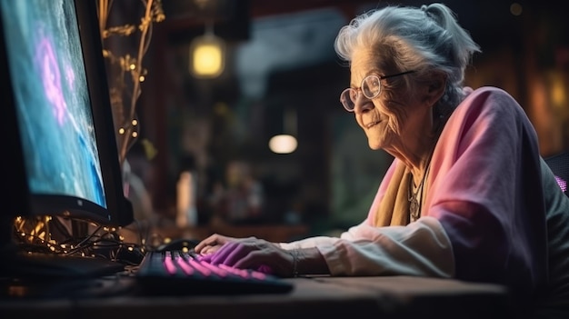 La nonna è una giocatrice in un club di computer Donna hacker anziana con luce al neon AI generata