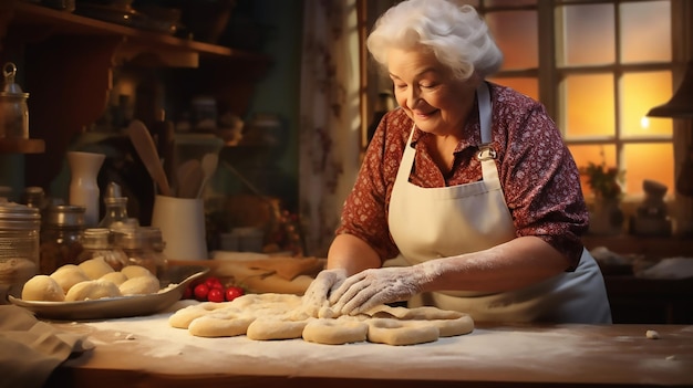 La nonna impastando la pasticceria per il pasto di Natale