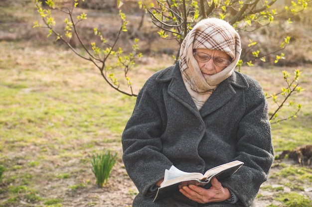 La nonna legge la Bibbia delle sacre scritture. Pensare a Dio