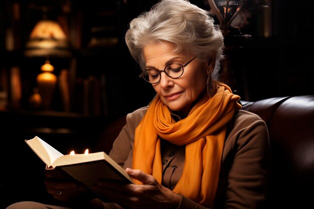 La nonna legge un libro sul divano a casa.