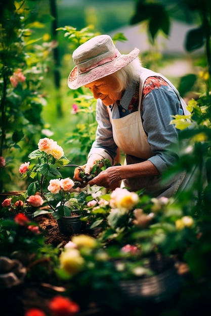 La nonna pianta fiori nel giardino Generativa AI Natura