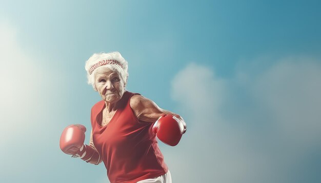 La nonna sfacciata sul ring con i guanti da boxe.