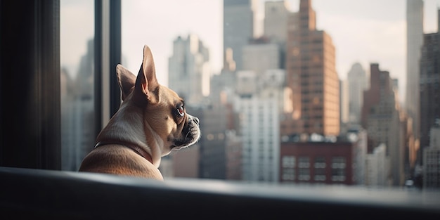 La nostalgia di un cane che guarda fuori dalla finestra di un grattacielo su un vivace paesaggio urbano