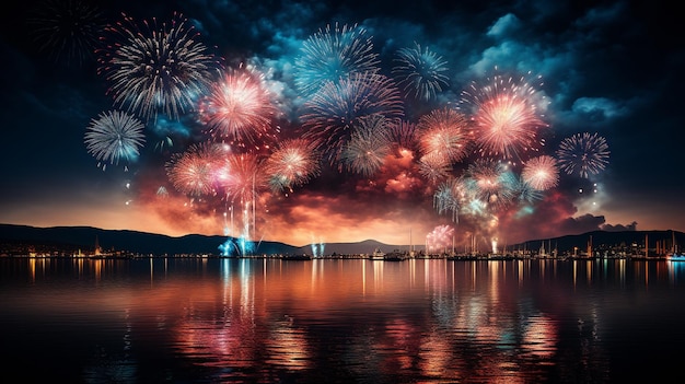 La notte della vacanza c'è stato un bellissimo spettacolo di fuochi d'artificio sopra il fiume