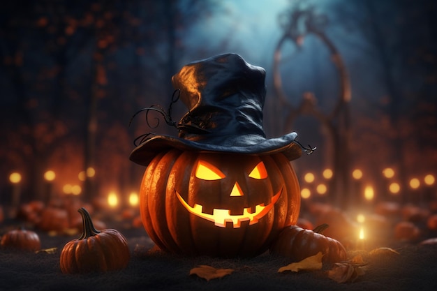 La notte di Halloween d'autunno con una zucca con un cappello