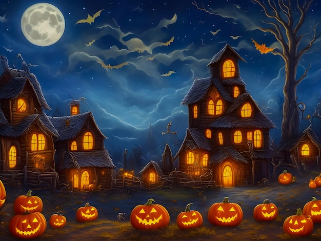 La notte di Halloween e lo sfondo della zucca, la luna piena e la casa infestata.