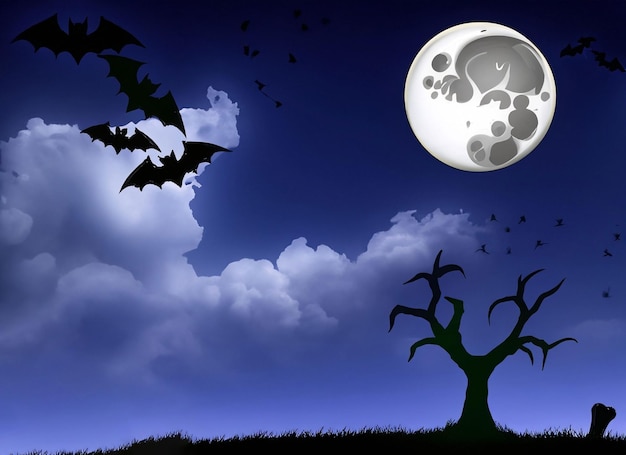 La notte di Halloween La luna inquietante nel cielo nuvoloso con i pipistrelli