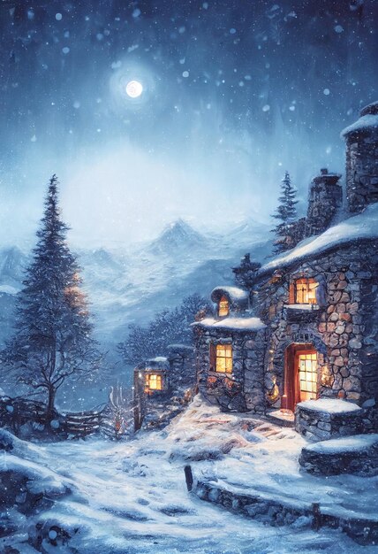 La notte di Natale un piccolo cottage in cima all'illustrazione 3D