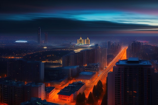 La notte nella strada della grande città illumina la vista dall'alto Aigenerated