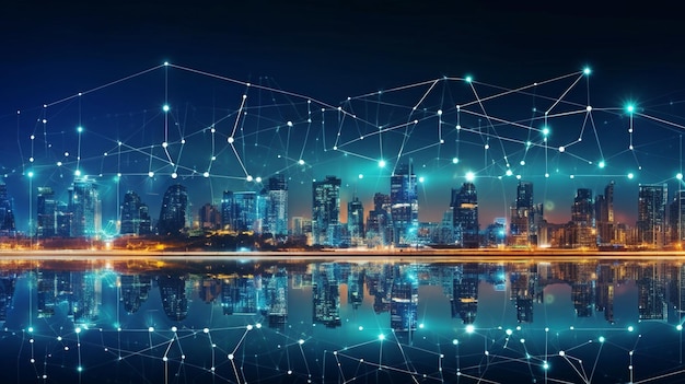 La nozione di città moderna include un collegamento di rete wirelessConcepto di reti wireless e tecnologie di connessione contro un paesaggio urbano notturno GENERATE AI
