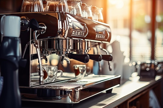 La nuova lucida macchina da caffè al bar è pronta per iniziare a fare il caffè