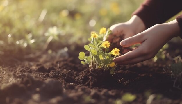 La nuova vita inizia quando la mano tiene una piantina fresca alla luce del sole generata dall'intelligenza artificiale