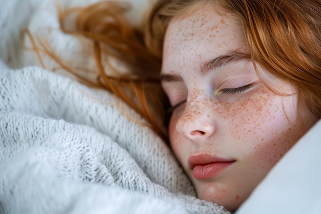 La pacifica ragazza dai capelli rossi che dorme profondamente sotto una morbida coperta bianca con la dolce luce mattutina