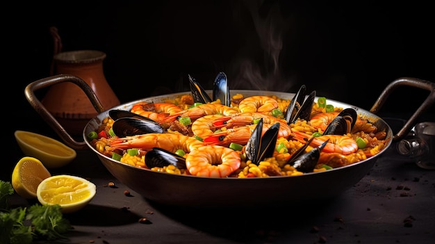 la paella con gamberetti e cozze è un piatto tradizionale spagnolo nello stile dell'intensità del primo piano