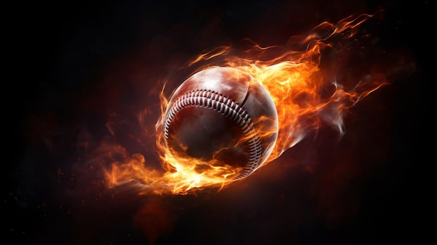 La palla da baseball brucia in volo su uno sfondo scuro