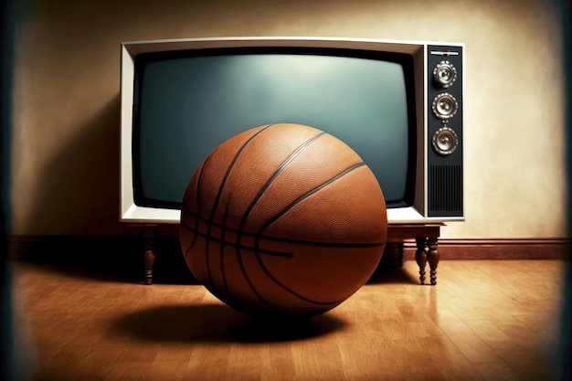 La palla da basket si trova sul pavimento di legno davanti al televisore