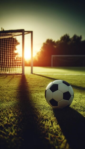 La palla da calcio sul campo al tramonto Gli obiettivi e i sogni aspettano