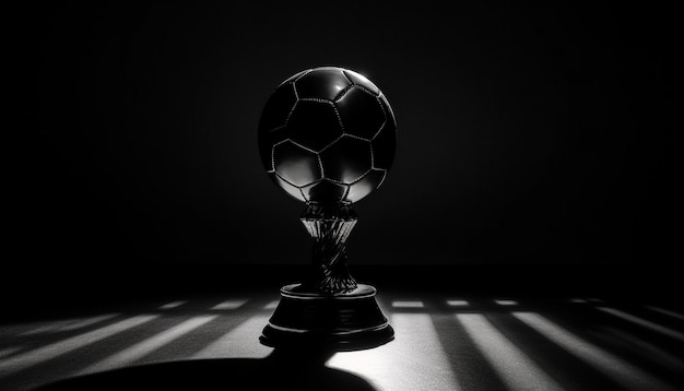 La palla da calcio trionfante brilla su uno sfondo nero che simboleggia il successo generato dall'IA