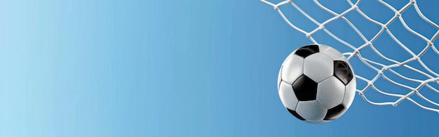 La palla da calcio vola nella rete contro uno sfondo blu vibrante che evidenzia il momento del gol Generative ai