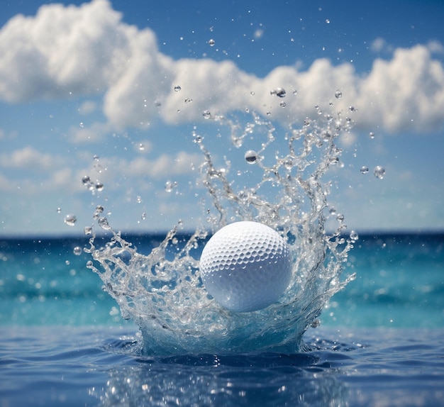 La palla da golf che schizza nell'acqua sullo sfondo del mare