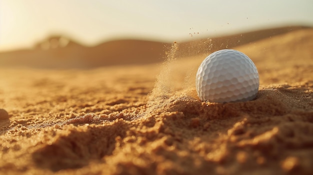 La palla da golf rotola su un terreno sabbioso con la polvere dietro la calda luce solare sullo sfondo