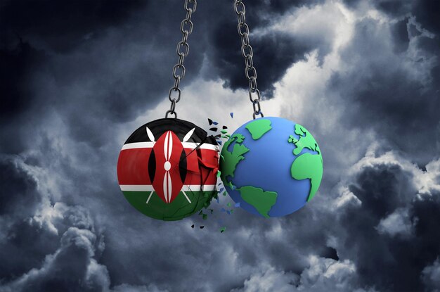 La palla della bandiera del Kenya che si schianta contro l'impatto globale del pianeta terra e il concetto di disastro d rendono