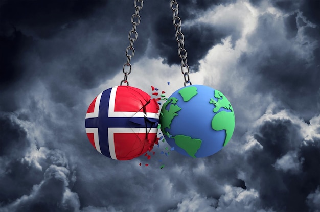 La palla della bandiera della Norvegia che si schianta contro l'impatto globale del pianeta terra e il concetto di disastro d rendono