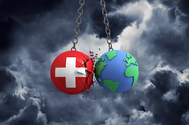 La palla della bandiera svizzera che si schianta contro l'impatto globale del pianeta terra e il concetto di disastro d rendono